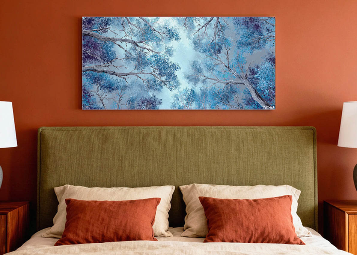 Blue Forest Canopy Canvas Wall Art – Abstract Tree Sky Landscape – Single & 3 Panel Canvas – AI PRINT LAB