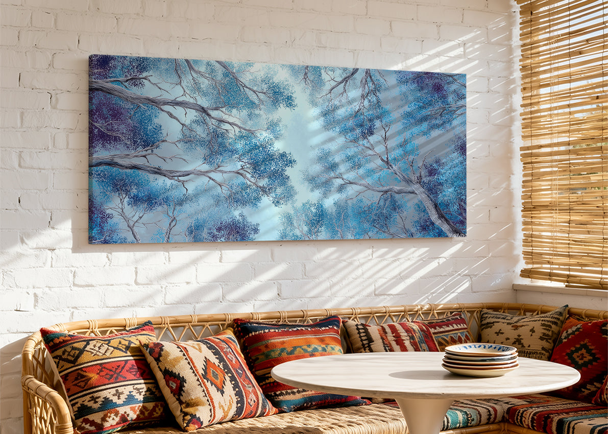 Blue Forest Canopy Canvas Wall Art – Abstract Tree Sky Landscape – Single & 3 Panel Canvas – AI PRINT LAB