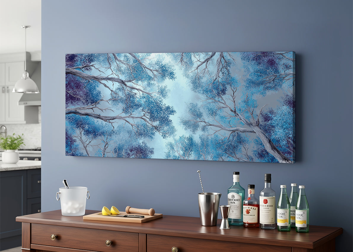 Blue Forest Canopy Canvas Wall Art – Abstract Tree Sky Landscape – Single & 3 Panel Canvas – AI PRINT LAB