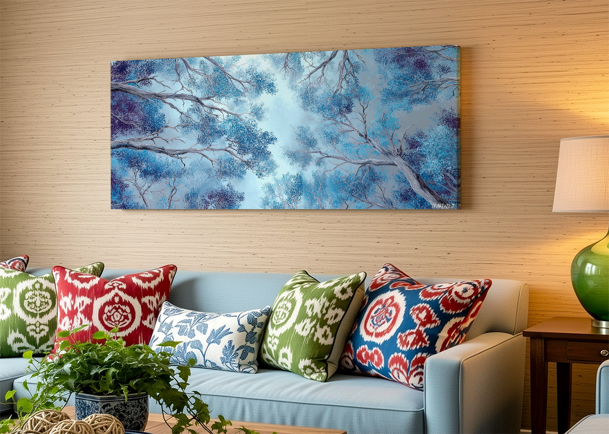 Blue Forest Canopy Canvas Wall Art – Abstract Tree Sky Landscape – Single & 3 Panel Canvas – AI PRINT LAB