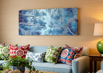Blue Forest Canopy Canvas Wall Art – Abstract Tree Sky Landscape – Single & 3 Panel Canvas – AI PRINT LAB