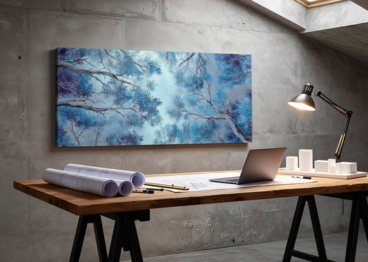 Blue Forest Canopy Canvas Wall Art – Abstract Tree Sky Landscape – Single & 3 Panel Canvas – AI PRINT LAB