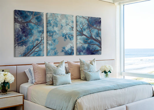 Blue Forest Canopy Canvas Wall Art – Abstract Tree Sky View Landscape – Single & 3 Panel Canvas – AI PRINT LAB