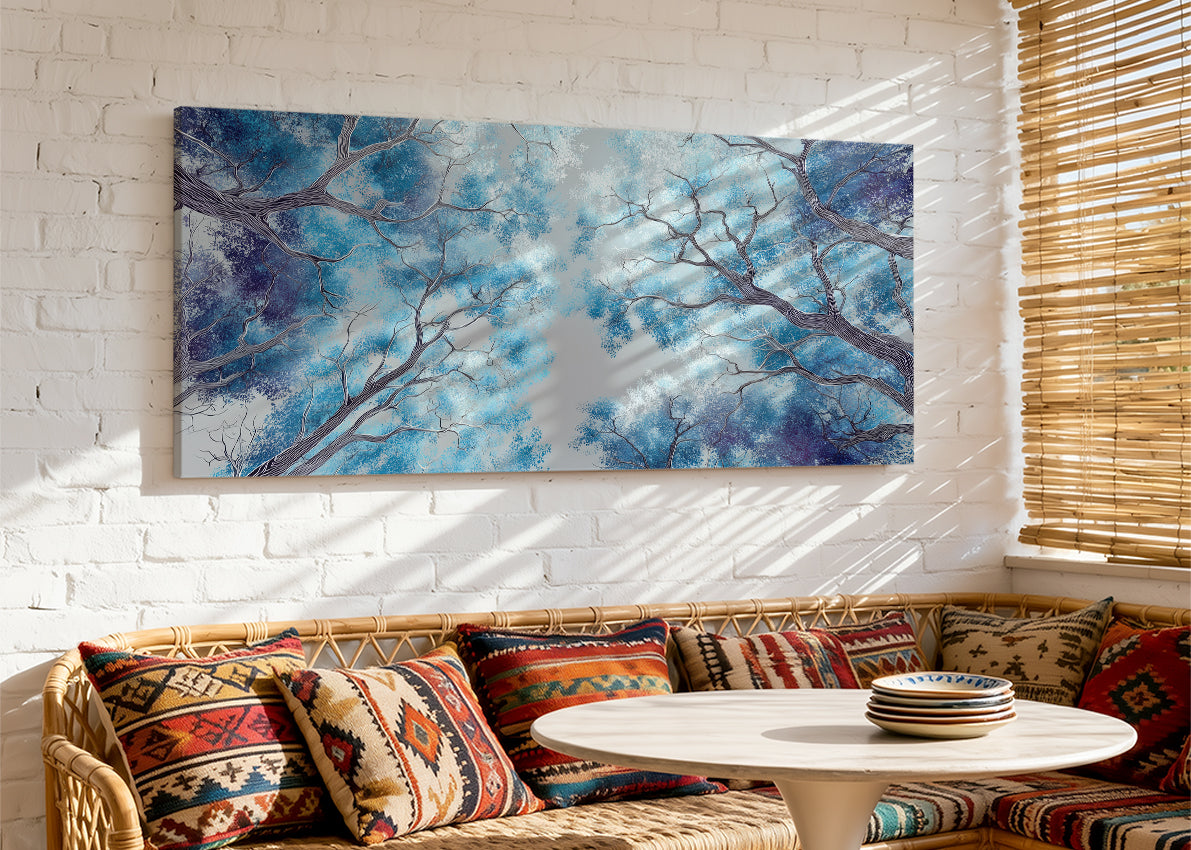 Blue Forest Canopy Canvas Wall Art – Abstract Tree Sky View Landscape – Single & 3 Panel Canvas – AI PRINT LAB