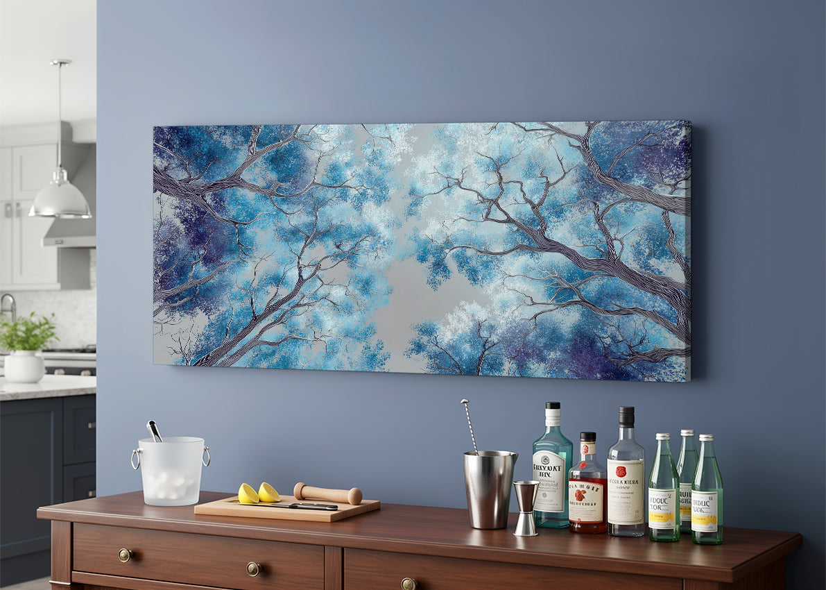Blue Forest Canopy Canvas Wall Art – Abstract Tree Sky View Landscape – Single & 3 Panel Canvas – AI PRINT LAB