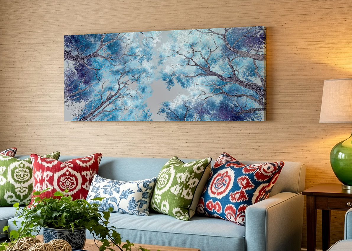 Blue Forest Canopy Canvas Wall Art – Abstract Tree Sky View Landscape – Single & 3 Panel Canvas – AI PRINT LAB