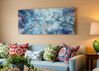 Blue Forest Canopy Canvas Wall Art – Abstract Tree Sky View Landscape – Single & 3 Panel Canvas – AI PRINT LAB