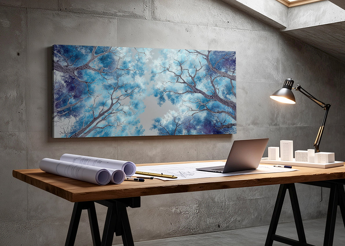 Blue Forest Canopy Canvas Wall Art – Abstract Tree Sky View Landscape – Single & 3 Panel Canvas – AI PRINT LAB