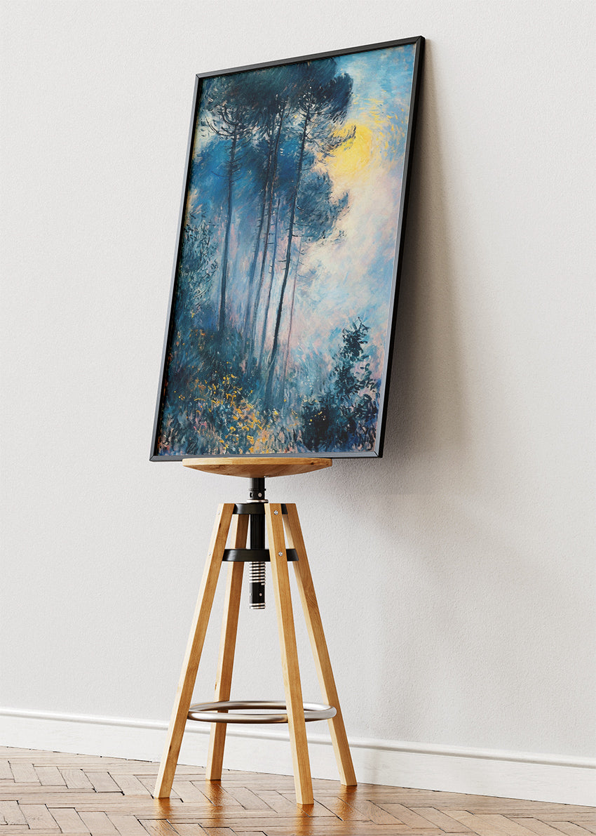 Blue Forest Landscape Wall Art – Misty Moonlight Trees Canvas Print & Modern Nature Statement Poster for Living Room Decor UK