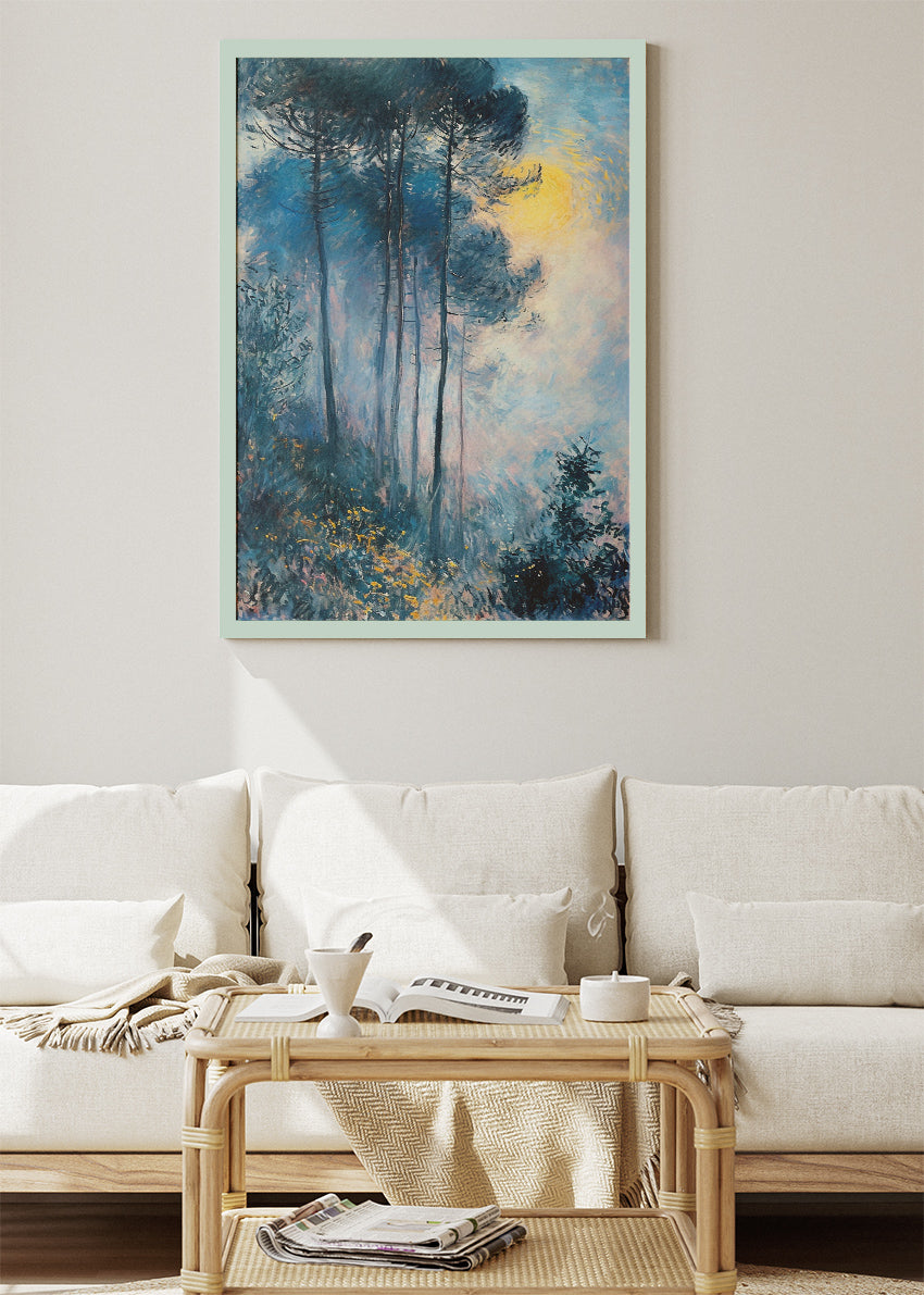 Blue Forest Landscape Wall Art – Misty Moonlight Trees Canvas Print & Modern Nature Statement Poster for Living Room Decor UK