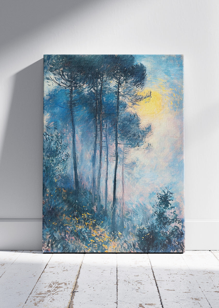 Blue Forest Landscape Wall Art – Misty Moonlight Trees Canvas Print & Modern Nature Statement Poster for Living Room Decor UK
