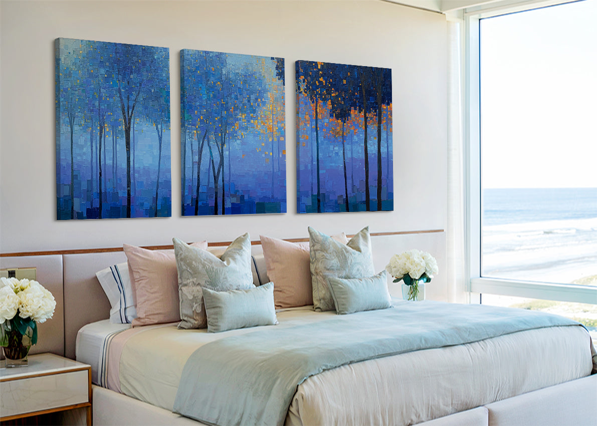 Blue Forest Lights Abstract Canvas Wall Art – Single & 3 Panel Canvas – AI PRINT LAB