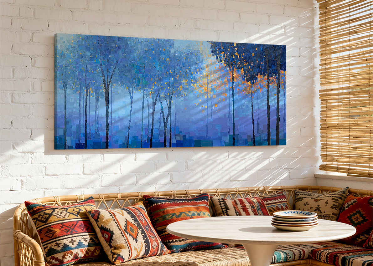 Blue Forest Lights Abstract Canvas Wall Art – Single & 3 Panel Canvas – AI PRINT LAB