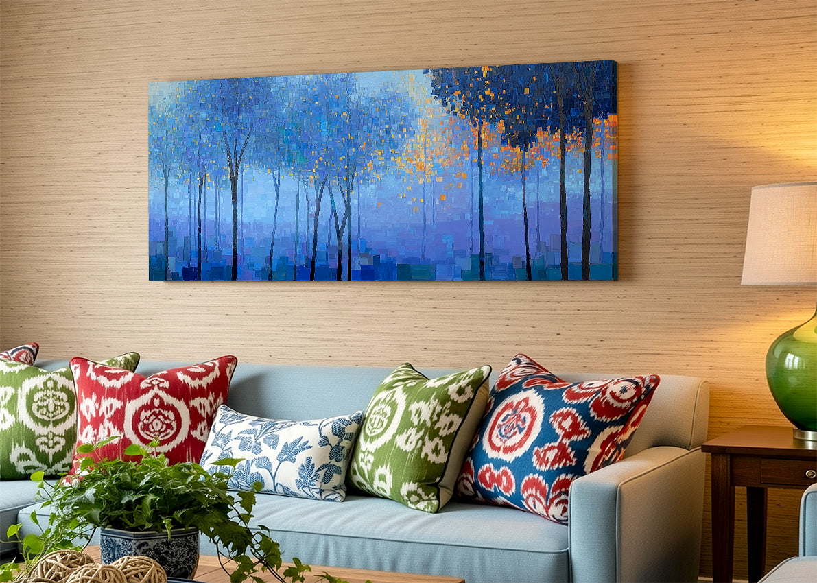 Blue Forest Lights Abstract Canvas Wall Art – Single & 3 Panel Canvas – AI PRINT LAB