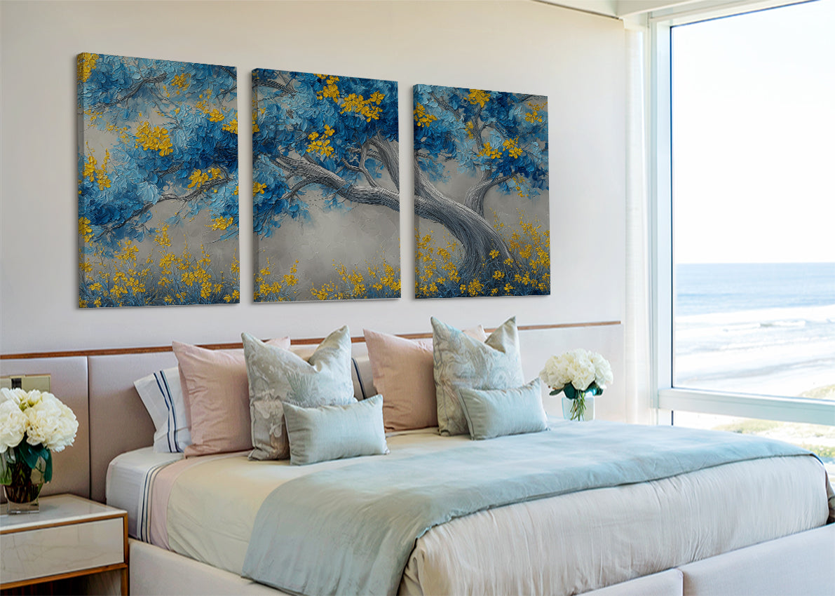 Blue & Gold Blossom Tree Canvas Wall Art – Elegant Botanical Landscape – Single & 3 Panel Canvas – AI PRINT LAB