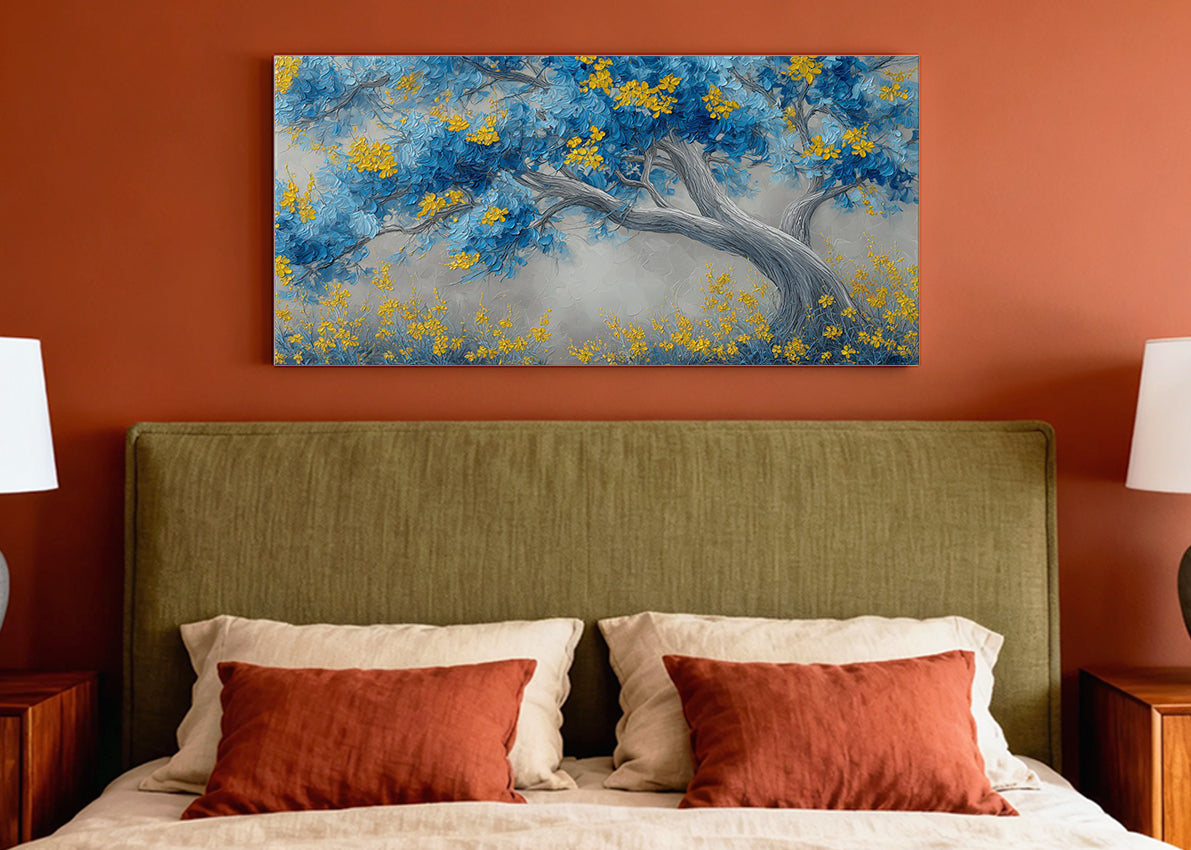 Blue & Gold Blossom Tree Canvas Wall Art – Elegant Botanical Landscape – Single & 3 Panel Canvas – AI PRINT LAB