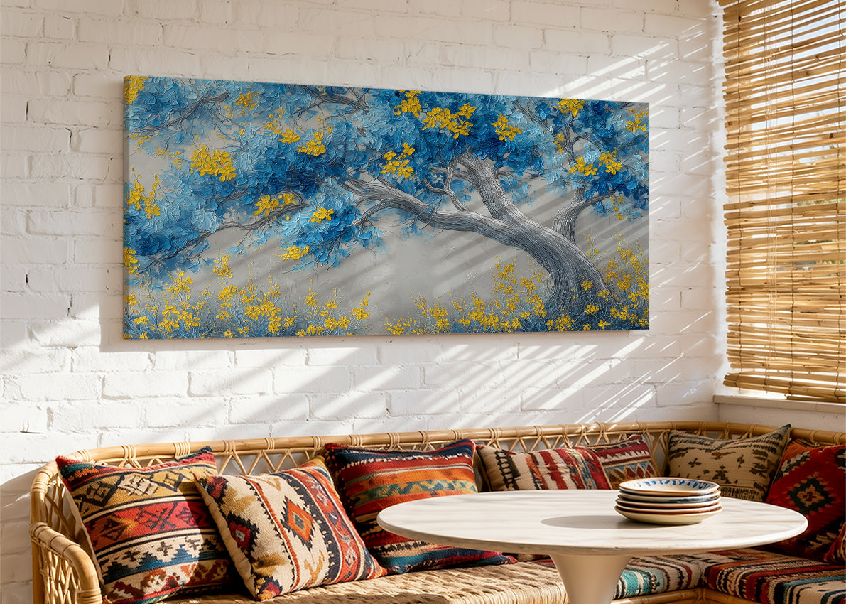 Blue & Gold Blossom Tree Canvas Wall Art – Elegant Botanical Landscape – Single & 3 Panel Canvas – AI PRINT LAB