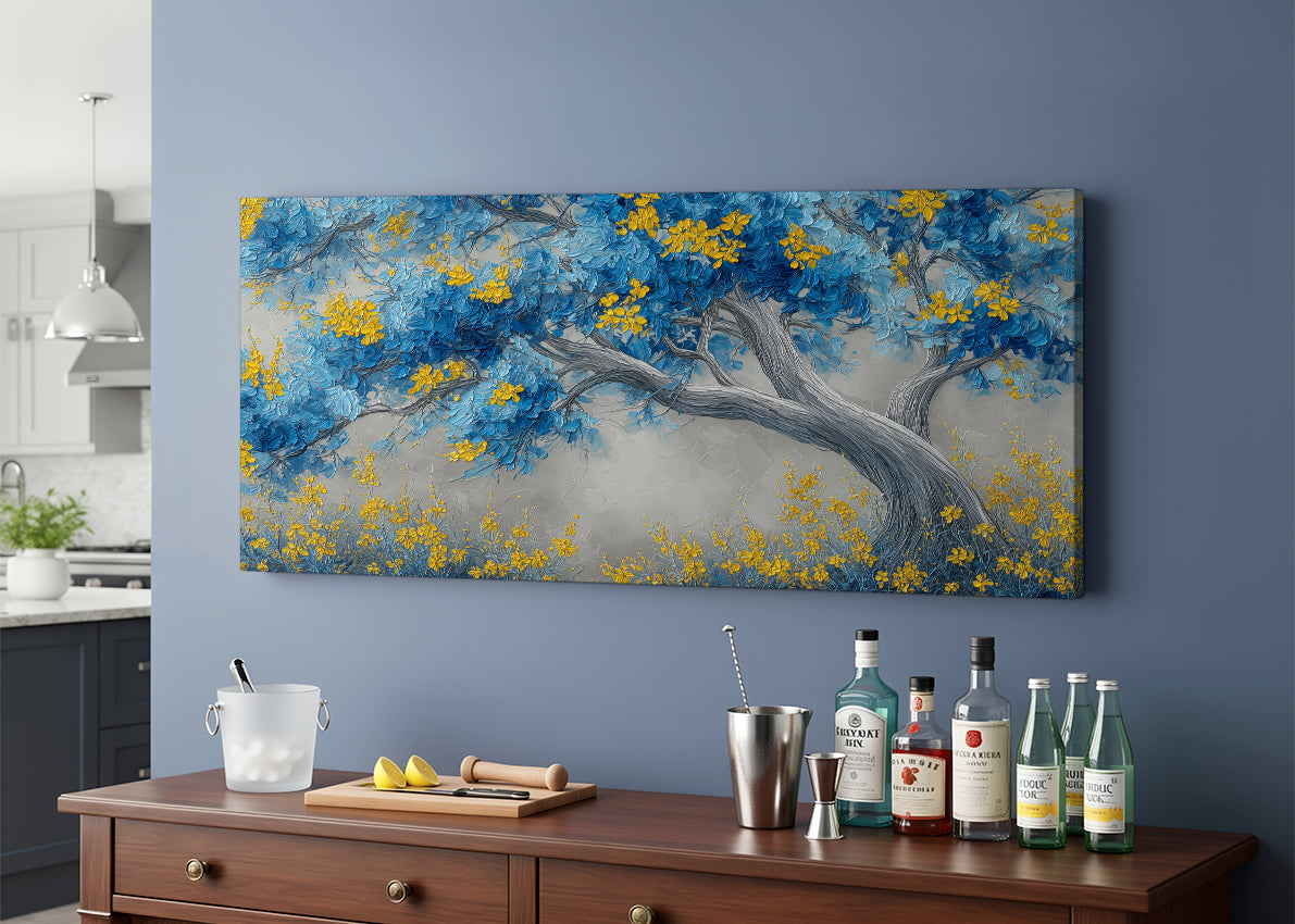 Blue & Gold Blossom Tree Canvas Wall Art – Elegant Botanical Landscape – Single & 3 Panel Canvas – AI PRINT LAB