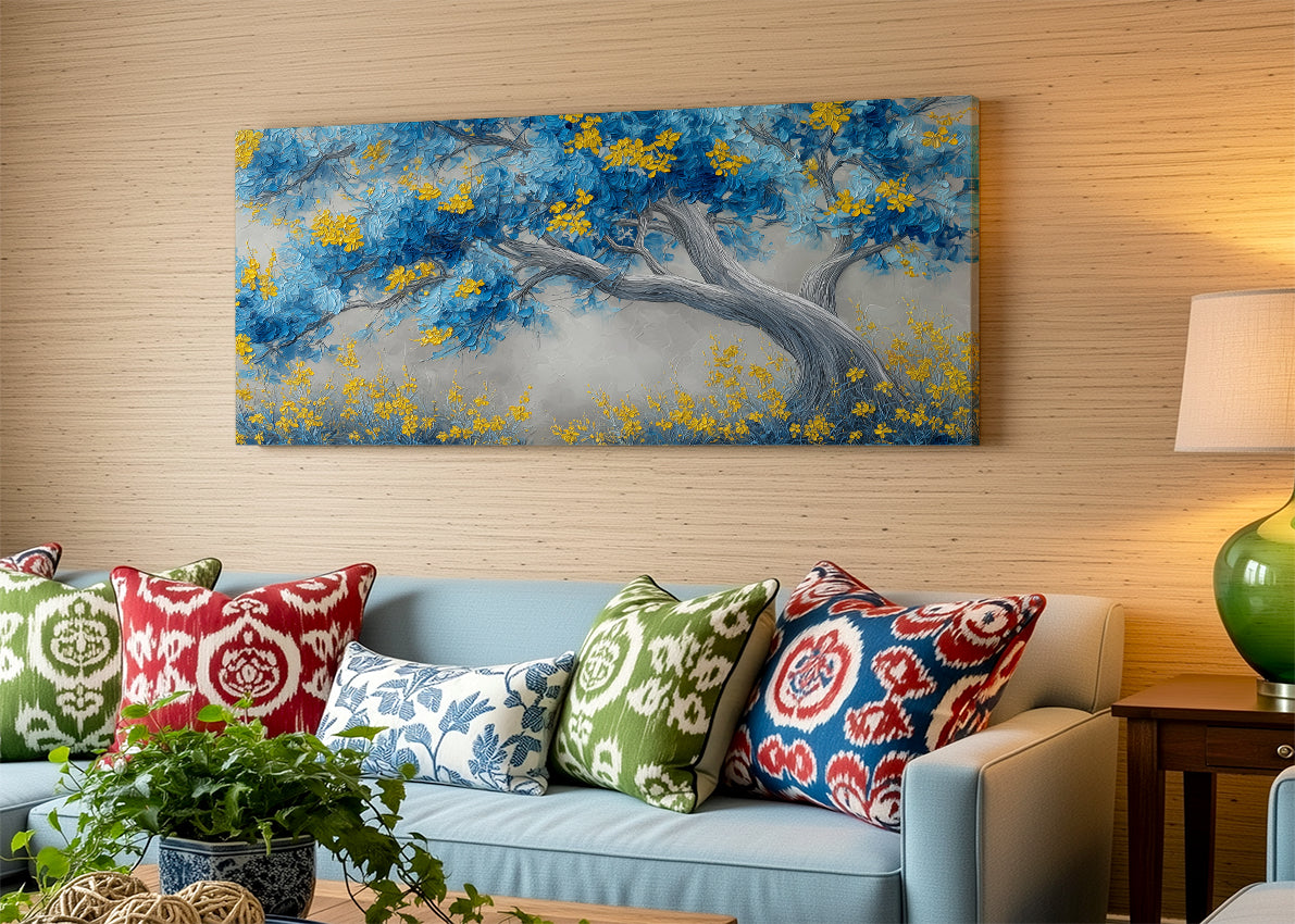 Blue & Gold Blossom Tree Canvas Wall Art – Elegant Botanical Landscape – Single & 3 Panel Canvas – AI PRINT LAB