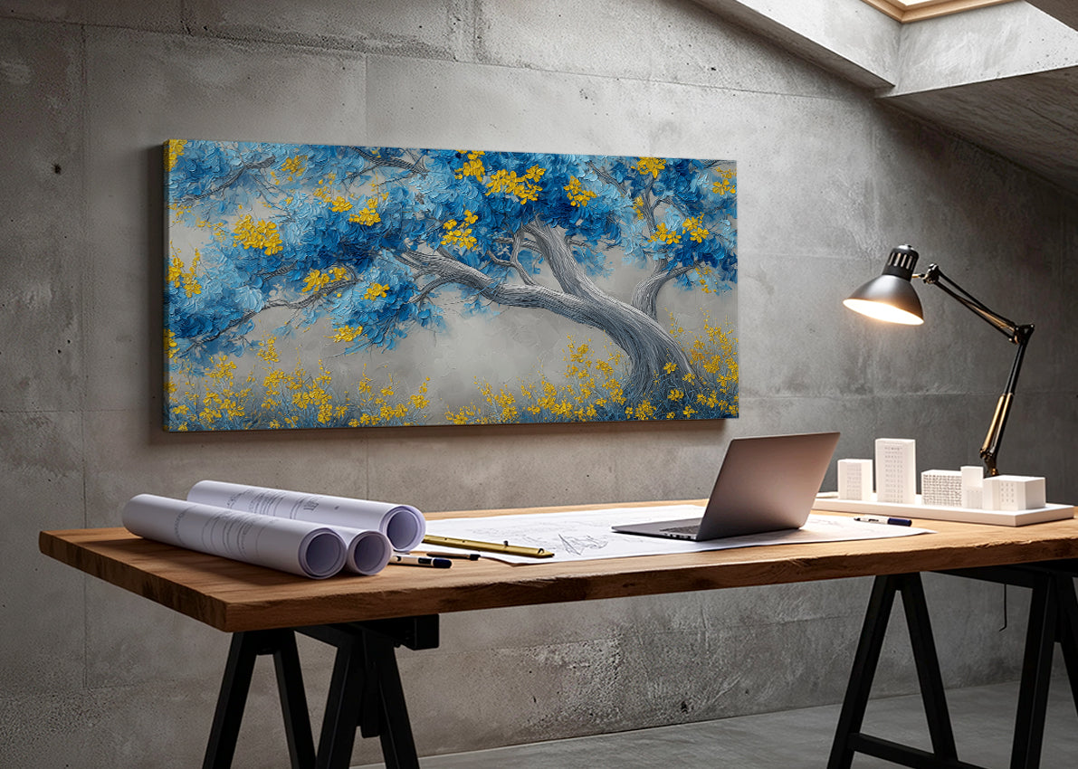 Blue & Gold Blossom Tree Canvas Wall Art – Elegant Botanical Landscape – Single & 3 Panel Canvas – AI PRINT LAB