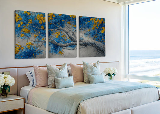 Blue & Gold Blossom Tree Canvas Wall Art – Elegant Floral Tree Painting – Single & 3 Panel Canvas – AI PRINT LAB
