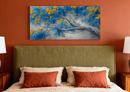 Blue & Gold Blossom Tree Canvas Wall Art – Elegant Floral Tree Painting – Single & 3 Panel Canvas – AI PRINT LAB