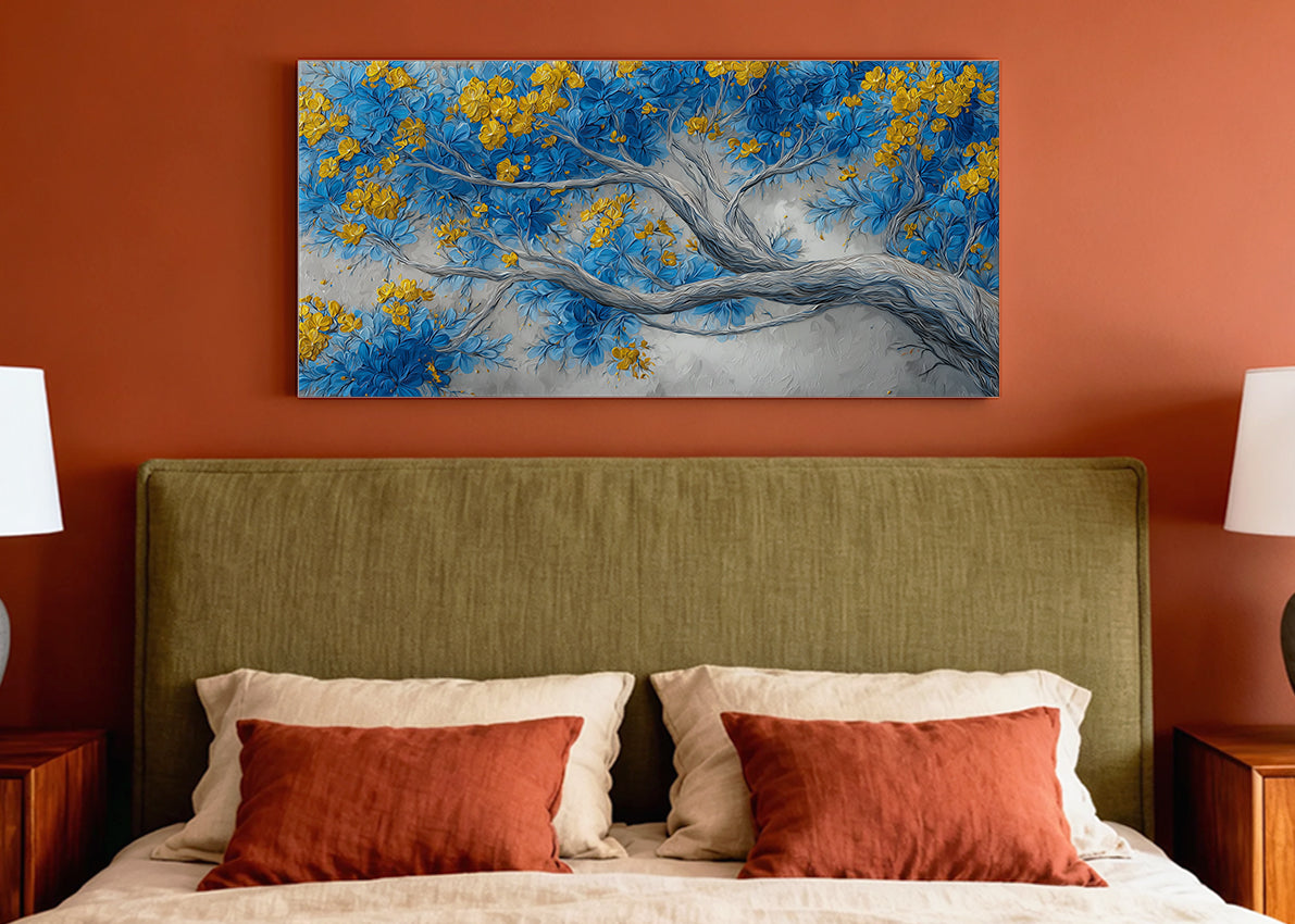 Blue & Gold Blossom Tree Canvas Wall Art – Elegant Floral Tree Painting – Single & 3 Panel Canvas – AI PRINT LAB