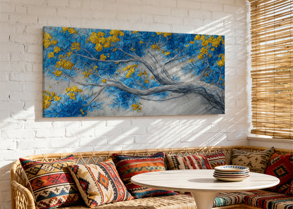 Blue & Gold Blossom Tree Canvas Wall Art – Elegant Floral Tree Painting – Single & 3 Panel Canvas – AI PRINT LAB