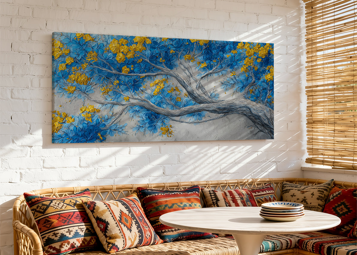 Blue & Gold Blossom Tree Canvas Wall Art – Elegant Floral Tree Painting – Single & 3 Panel Canvas – AI PRINT LAB