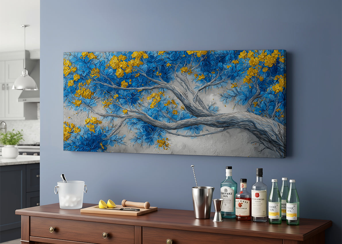 Blue & Gold Blossom Tree Canvas Wall Art – Elegant Floral Tree Painting – Single & 3 Panel Canvas – AI PRINT LAB