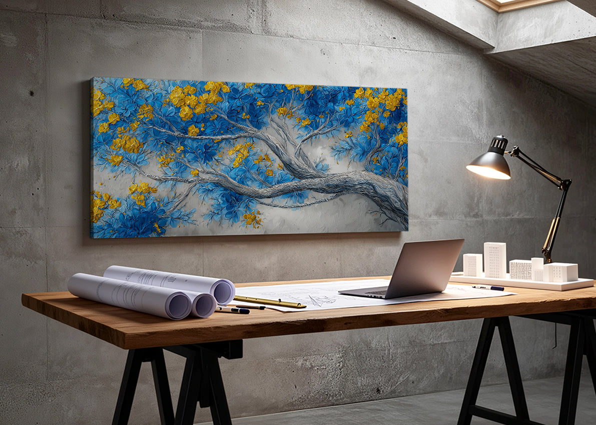 Blue & Gold Blossom Tree Canvas Wall Art – Elegant Floral Tree Painting – Single & 3 Panel Canvas – AI PRINT LAB