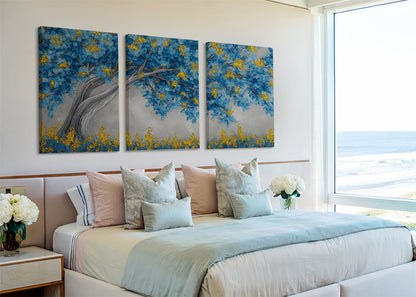 Blue & Gold Blossom Tree Canvas Wall Art – Modern Botanical Tree Painting – Single & 3 Panel Canvas – AI PRINT LAB