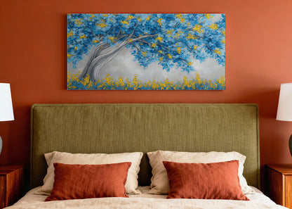 Blue & Gold Blossom Tree Canvas Wall Art – Modern Botanical Tree Painting – Single & 3 Panel Canvas – AI PRINT LAB
