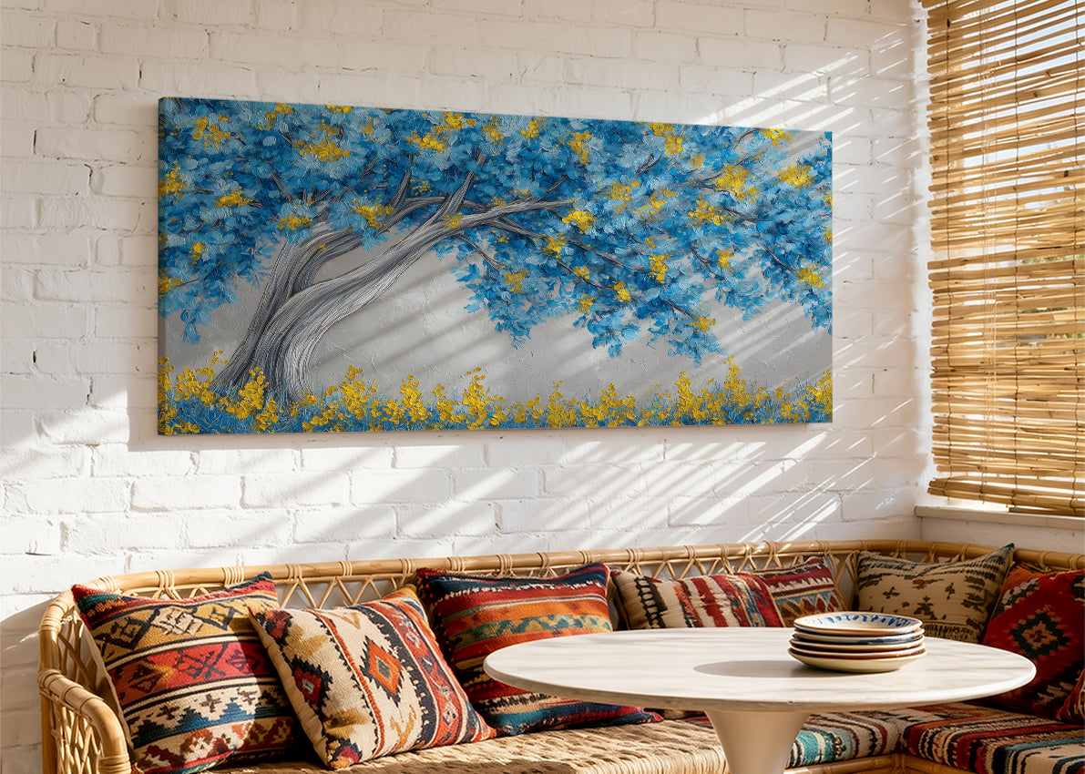 Blue & Gold Blossom Tree Canvas Wall Art – Modern Botanical Tree Painting – Single & 3 Panel Canvas – AI PRINT LAB