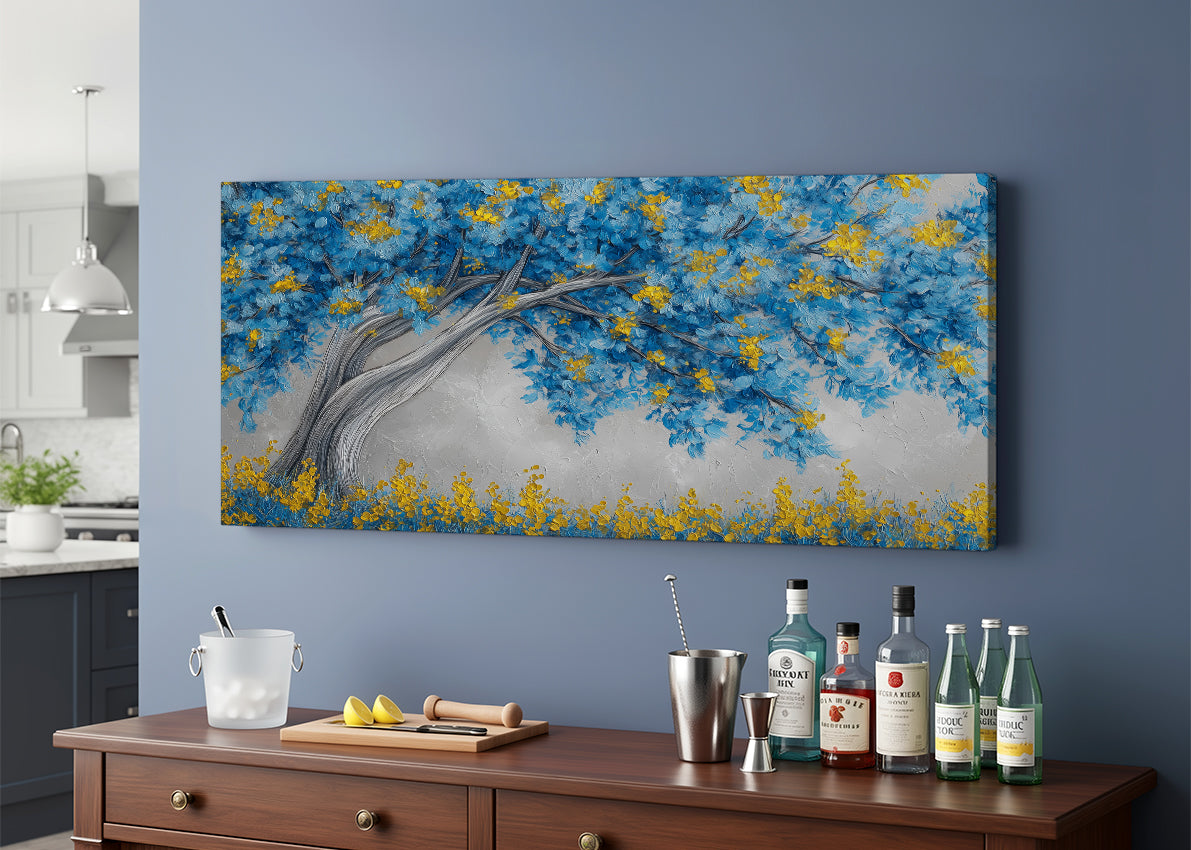 Blue & Gold Blossom Tree Canvas Wall Art – Modern Botanical Tree Painting – Single & 3 Panel Canvas – AI PRINT LAB