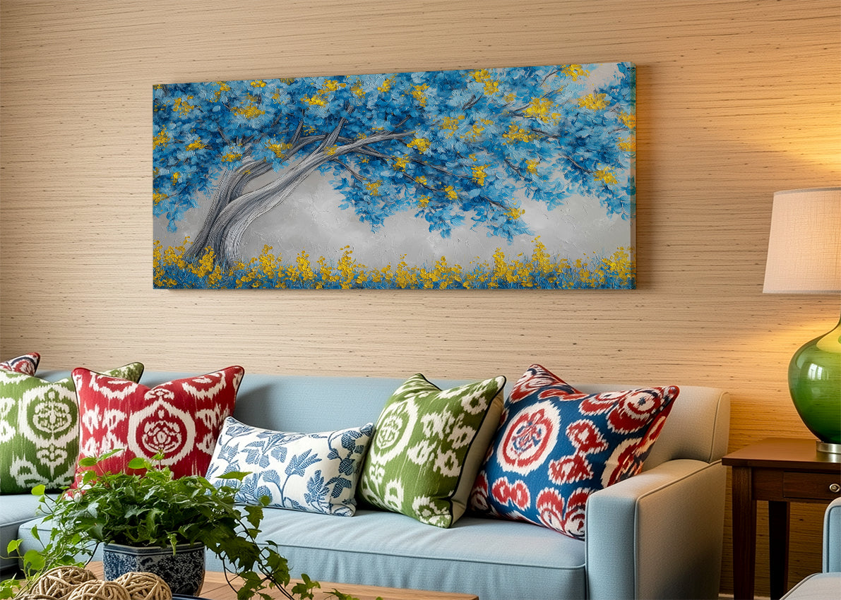 Blue & Gold Blossom Tree Canvas Wall Art – Modern Botanical Tree Painting – Single & 3 Panel Canvas – AI PRINT LAB