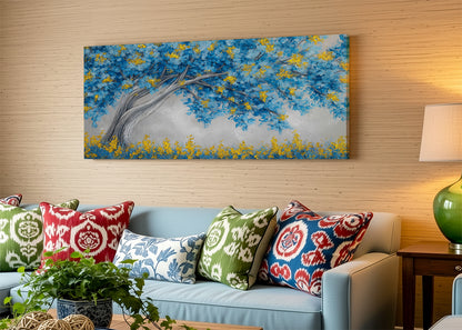 Blue & Gold Blossom Tree Canvas Wall Art – Modern Botanical Tree Painting – Single & 3 Panel Canvas – AI PRINT LAB