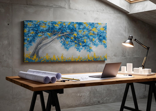 Blue & Gold Blossom Tree Canvas Wall Art – Modern Botanical Tree Painting – Single & 3 Panel Canvas – AI PRINT LAB