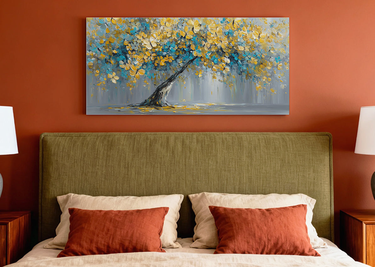 Blue & Gold Blossom Tree Canvas Wall Art – Textured Floral Tree Painting – Single & 3 Panel Canvas – AI PRINT LAB