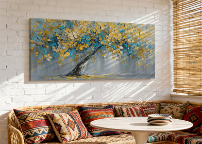 Blue & Gold Blossom Tree Canvas Wall Art – Textured Floral Tree Painting – Single & 3 Panel Canvas – AI PRINT LAB