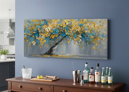 Blue & Gold Blossom Tree Canvas Wall Art – Textured Floral Tree Painting – Single & 3 Panel Canvas – AI PRINT LAB