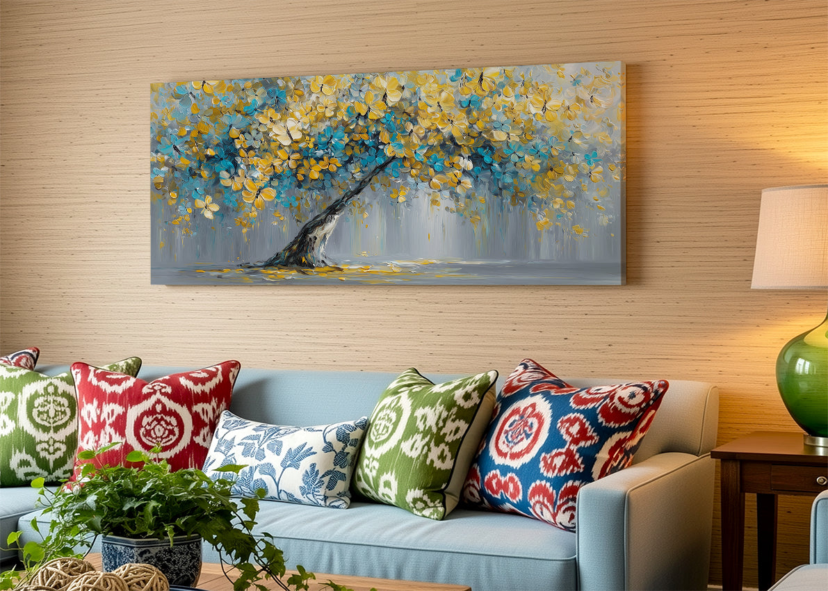 Blue & Gold Blossom Tree Canvas Wall Art – Textured Floral Tree Painting – Single & 3 Panel Canvas – AI PRINT LAB