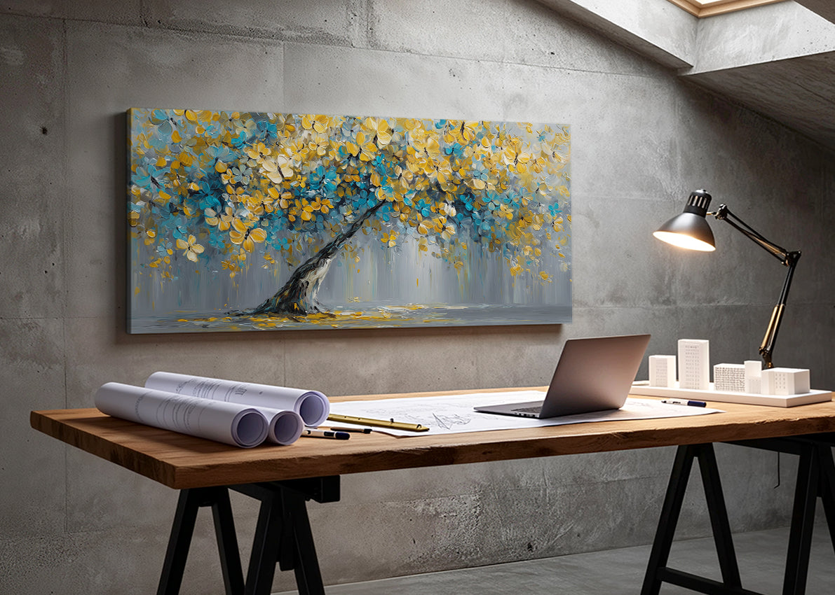 Blue & Gold Blossom Tree Canvas Wall Art – Textured Floral Tree Painting – Single & 3 Panel Canvas – AI PRINT LAB