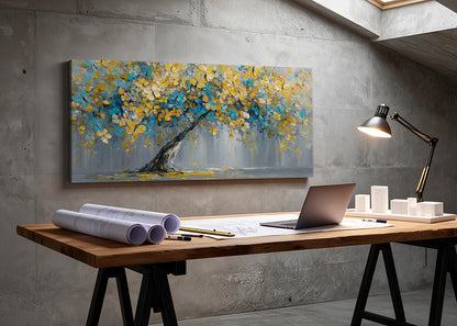 Blue & Gold Blossom Tree Canvas Wall Art – Textured Floral Tree Painting – Single & 3 Panel Canvas – AI PRINT LAB
