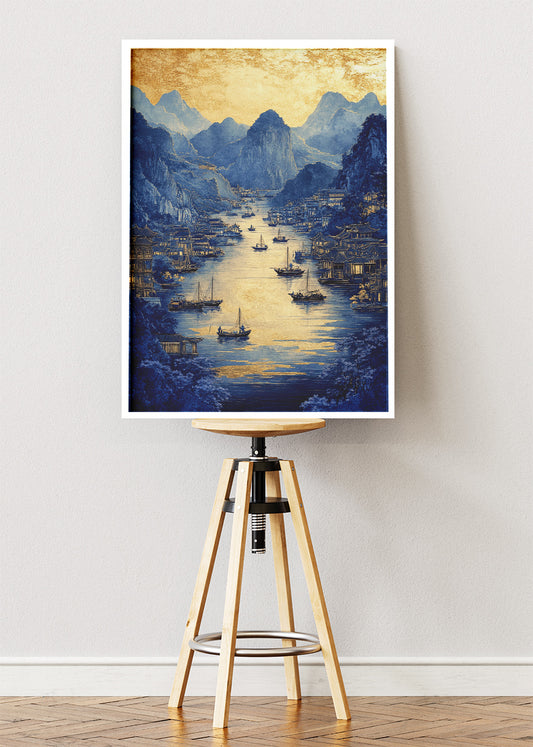Blue & Gold Imperial River City – Elegant Oriental Landscape Wall Art Poster & Canvas – AI PRINT LAB