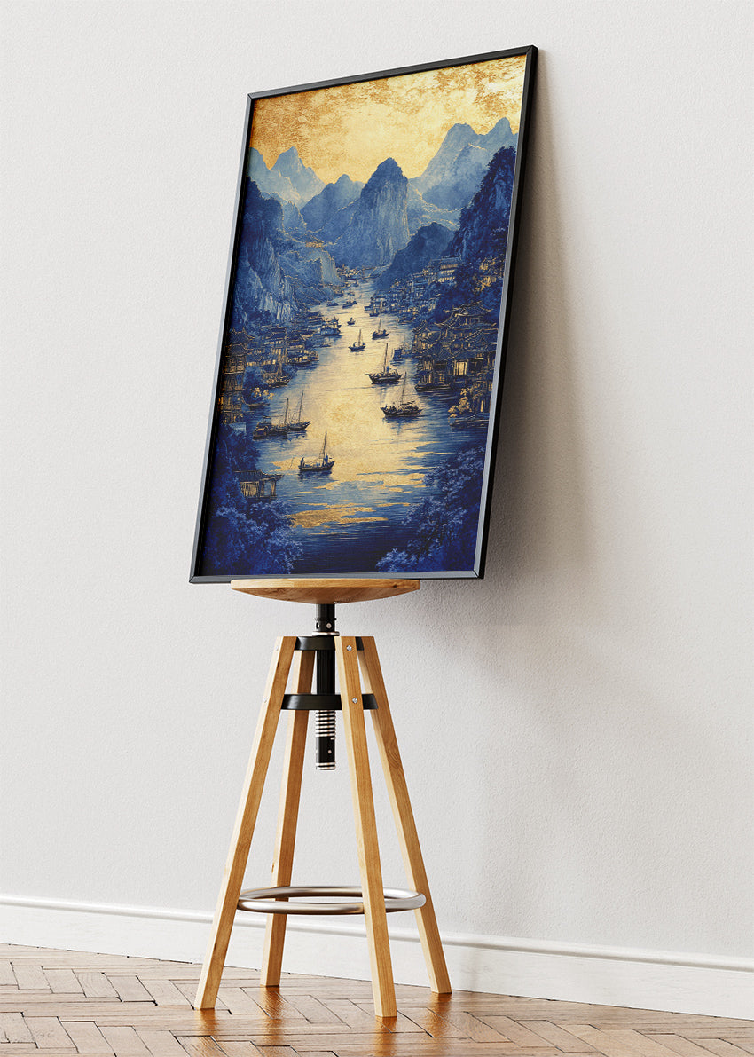 Blue & Gold Imperial River City – Elegant Oriental Landscape Wall Art Poster & Canvas – AI PRINT LAB