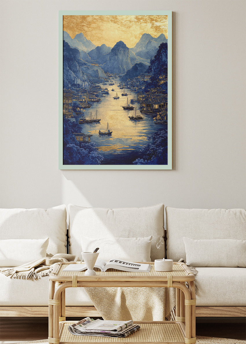 Blue & Gold Imperial River City – Elegant Oriental Landscape Wall Art Poster & Canvas – AI PRINT LAB