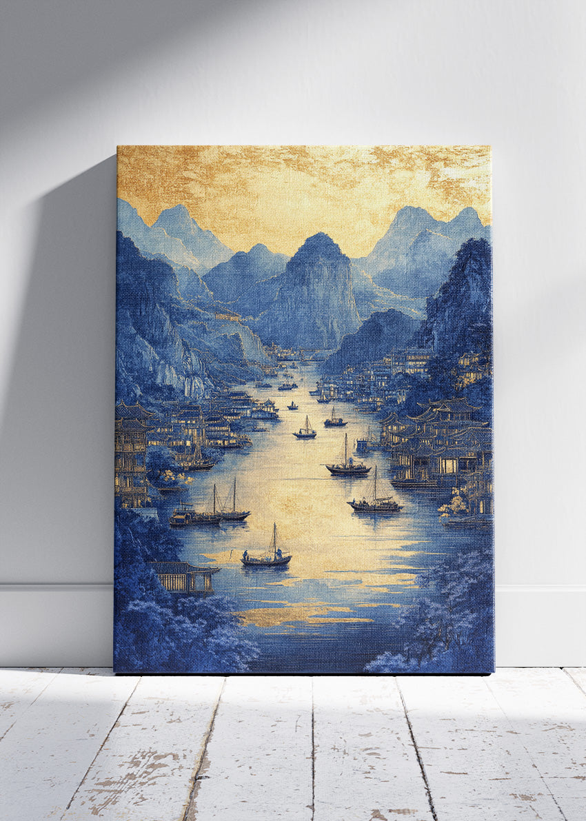 Blue & Gold Imperial River City – Elegant Oriental Landscape Wall Art Poster & Canvas – AI PRINT LAB