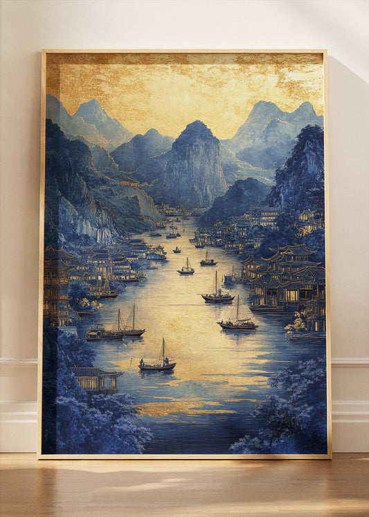 Blue & Gold Imperial River City – Elegant Oriental Landscape Wall Art Poster & Canvas – AI PRINT LAB