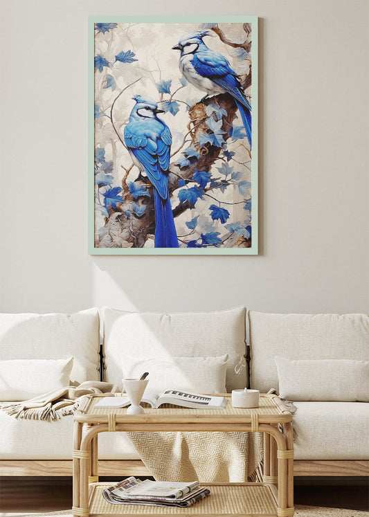 Blue Jay Bird Wall Art Print & Canvas – Elegant Woodland Bird Artwork